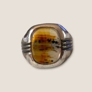 Vintage Unique Sterling Silver Moss Agate Signet Ring, Size 10.